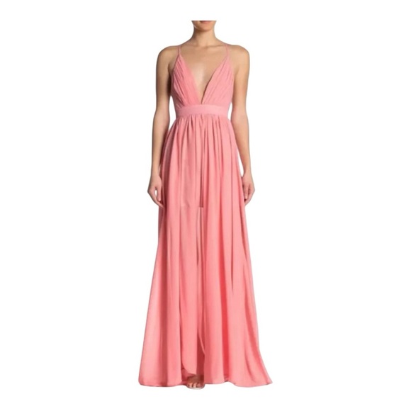 Meghan Los Angeles Coral Maxi Gown Plunge Neckline NWOT - Picture 4 of 9